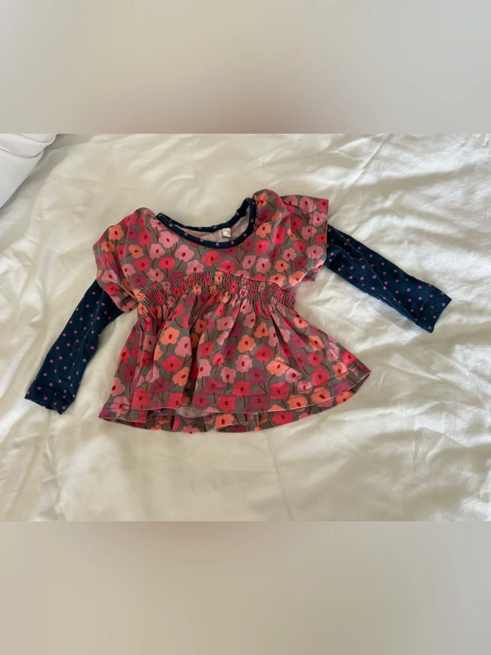 Matilda Jane Pink Floral Top and Ruffle Hem Leggings with Navy Dot Sleeves